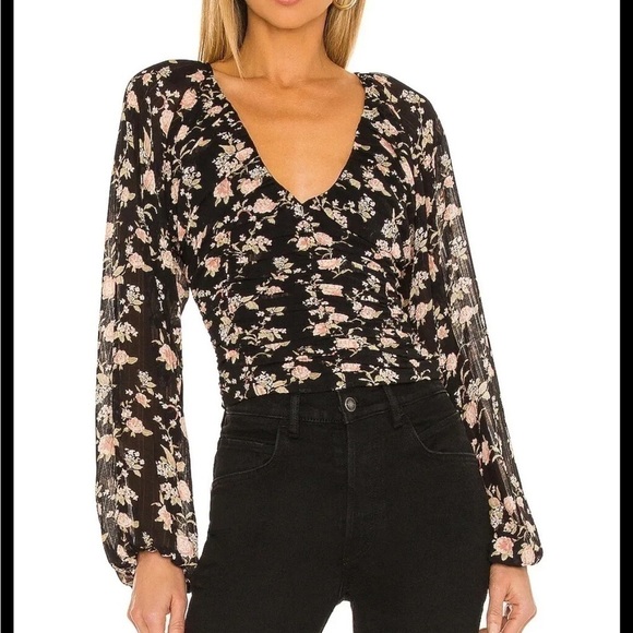 Free People New Final Rose Blouse in Black Combo Smocked Back Size Medium - Picture 2 of 5